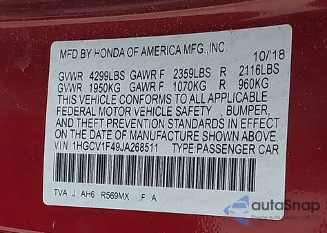 2018 Honda Accord Ex из США, поврежденный, VIN 1HGCV1F49JA268511